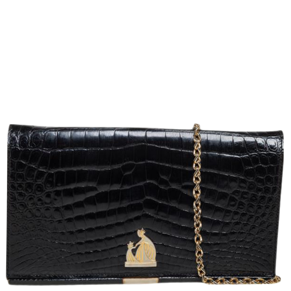 Lanvin Black Croc Embossed Leather Chain Clutch