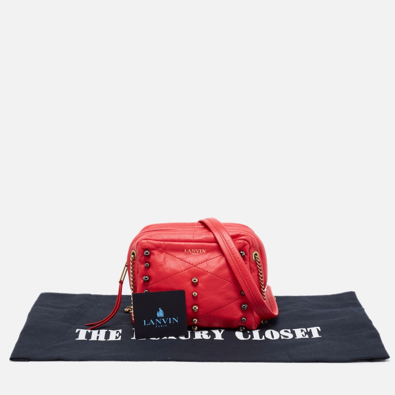 Lanvin Coral Red Leather Sugar Studded Shoulder Bag
