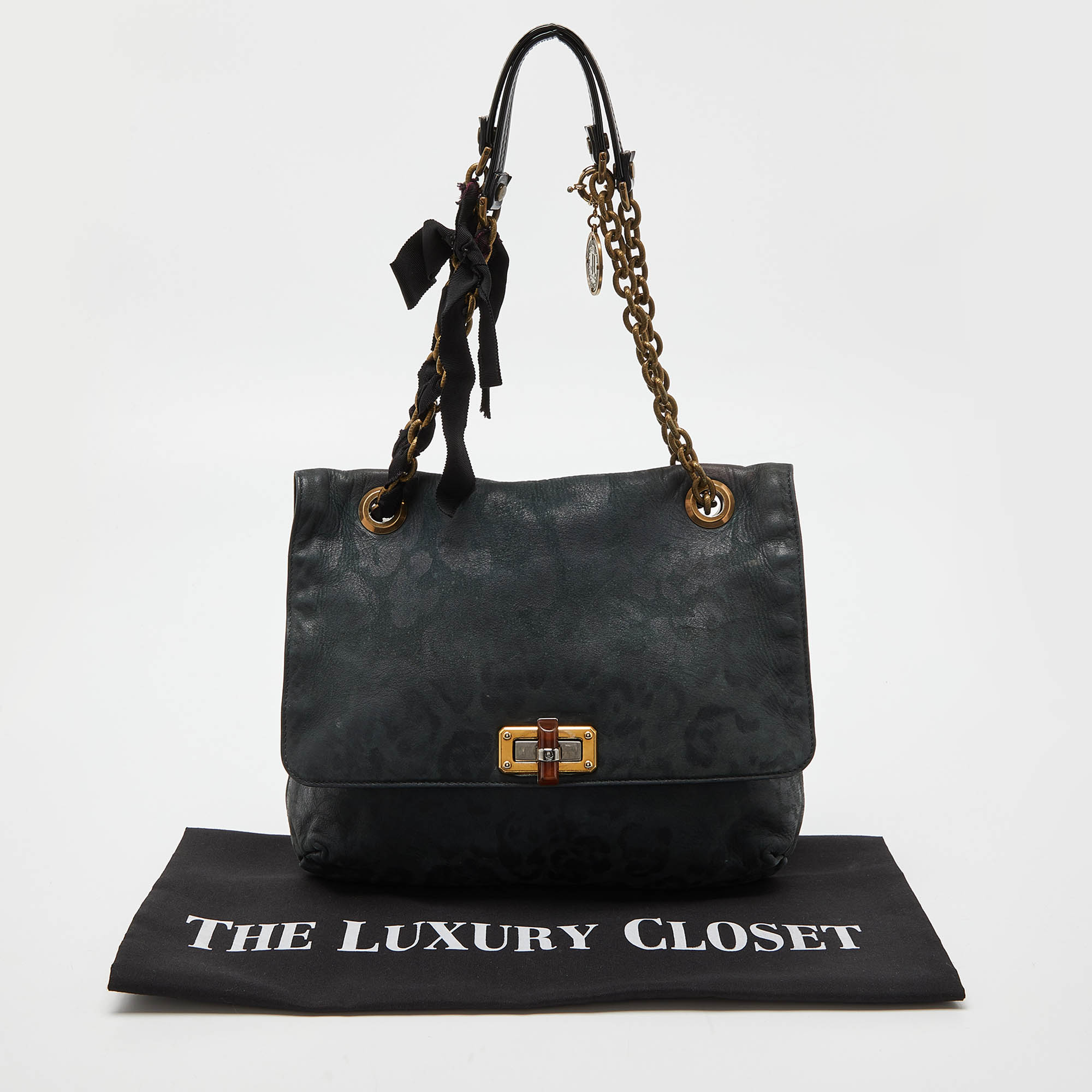 Lanvin Green/Black Leopard Print Nubuck Leather Happy Shoulder Bag