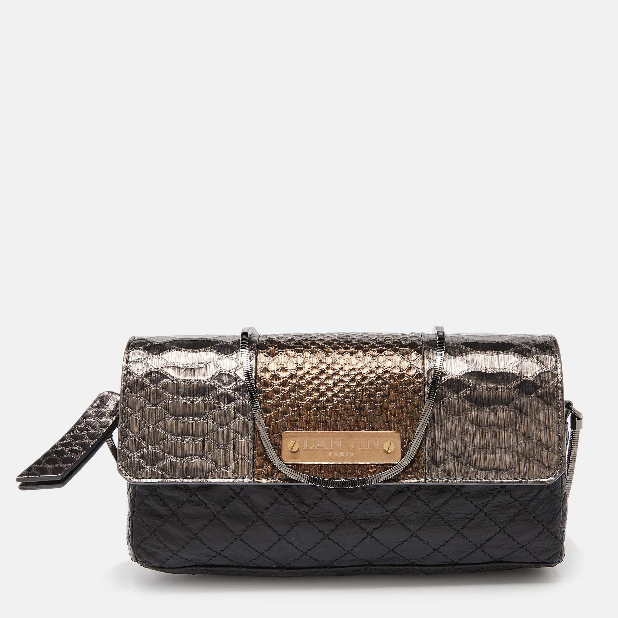 Lanvin Black/Gold Quilted Leather And Python Embossed Leather Flap Crossbody Bag