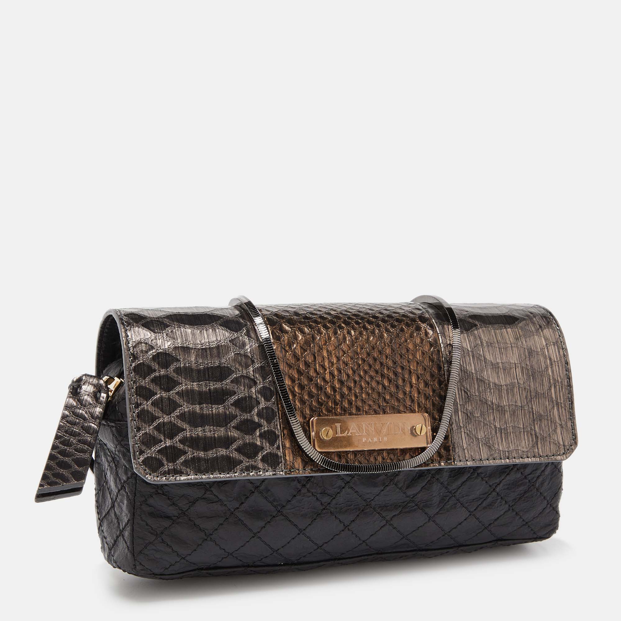 Lanvin Black/Gold Quilted Leather And Python Embossed Leather Flap Crossbody Bag