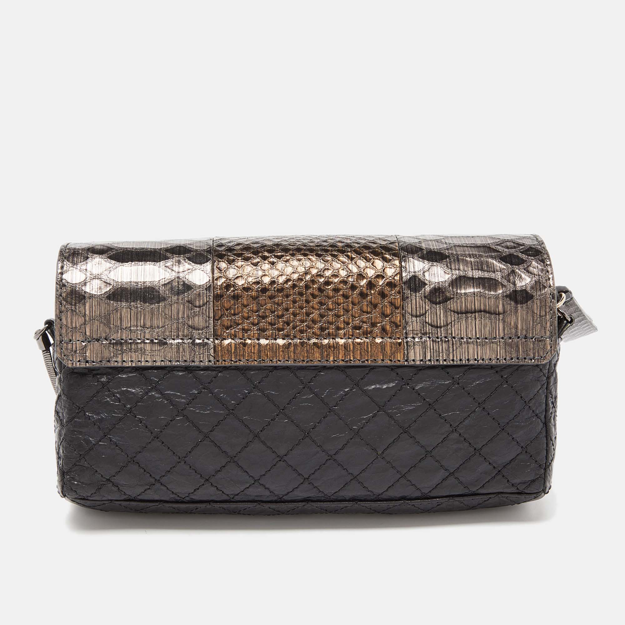 Lanvin Black/Gold Quilted Leather And Python Embossed Leather Flap Crossbody Bag