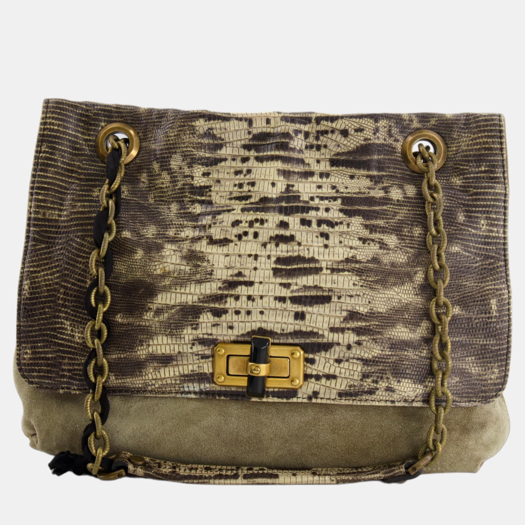 Lanvin beige snakeskin embossed shoulder bag with gold hardware