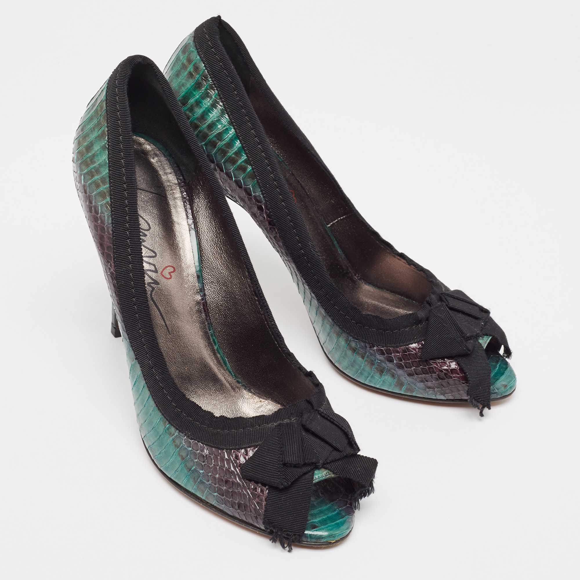 Lanvin Green/Black Python Bow Peep Toe Pumps Size 39.5