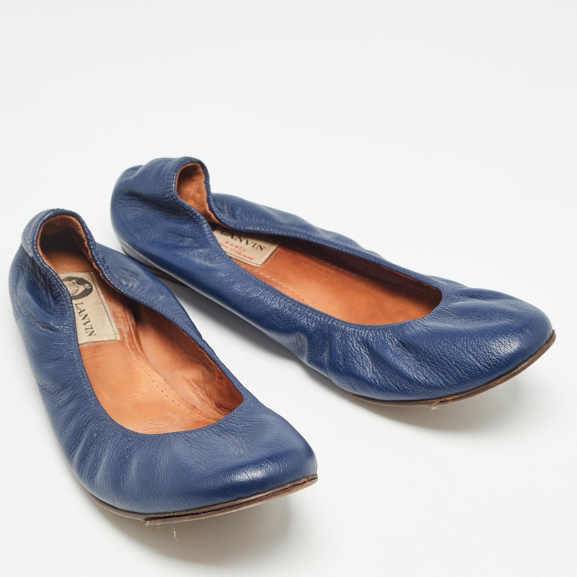 Lanvin Navy Blue Leather Scrunch Ballet Flats Size 38