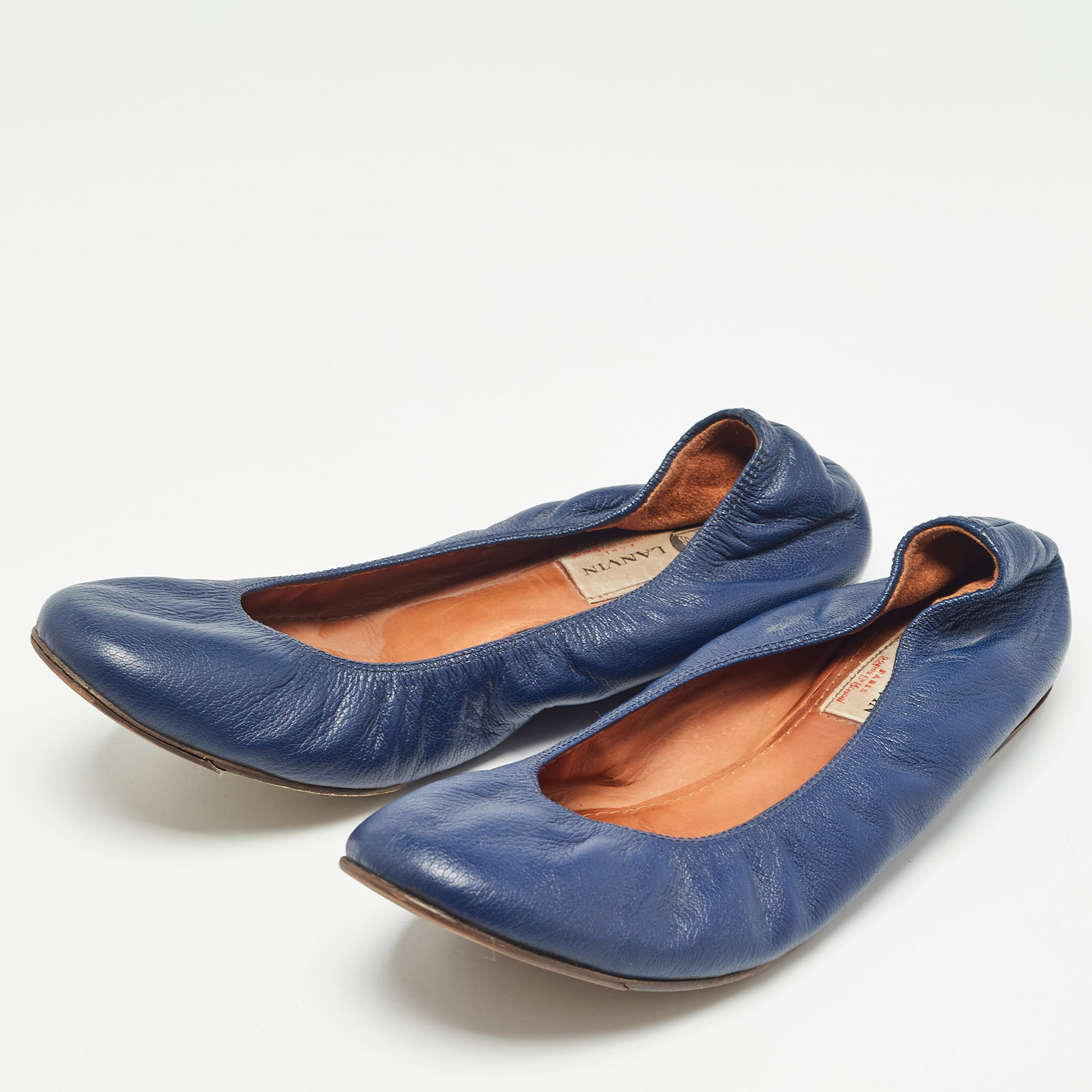 Lanvin Navy Blue Leather Scrunch Ballet Flats Size 38