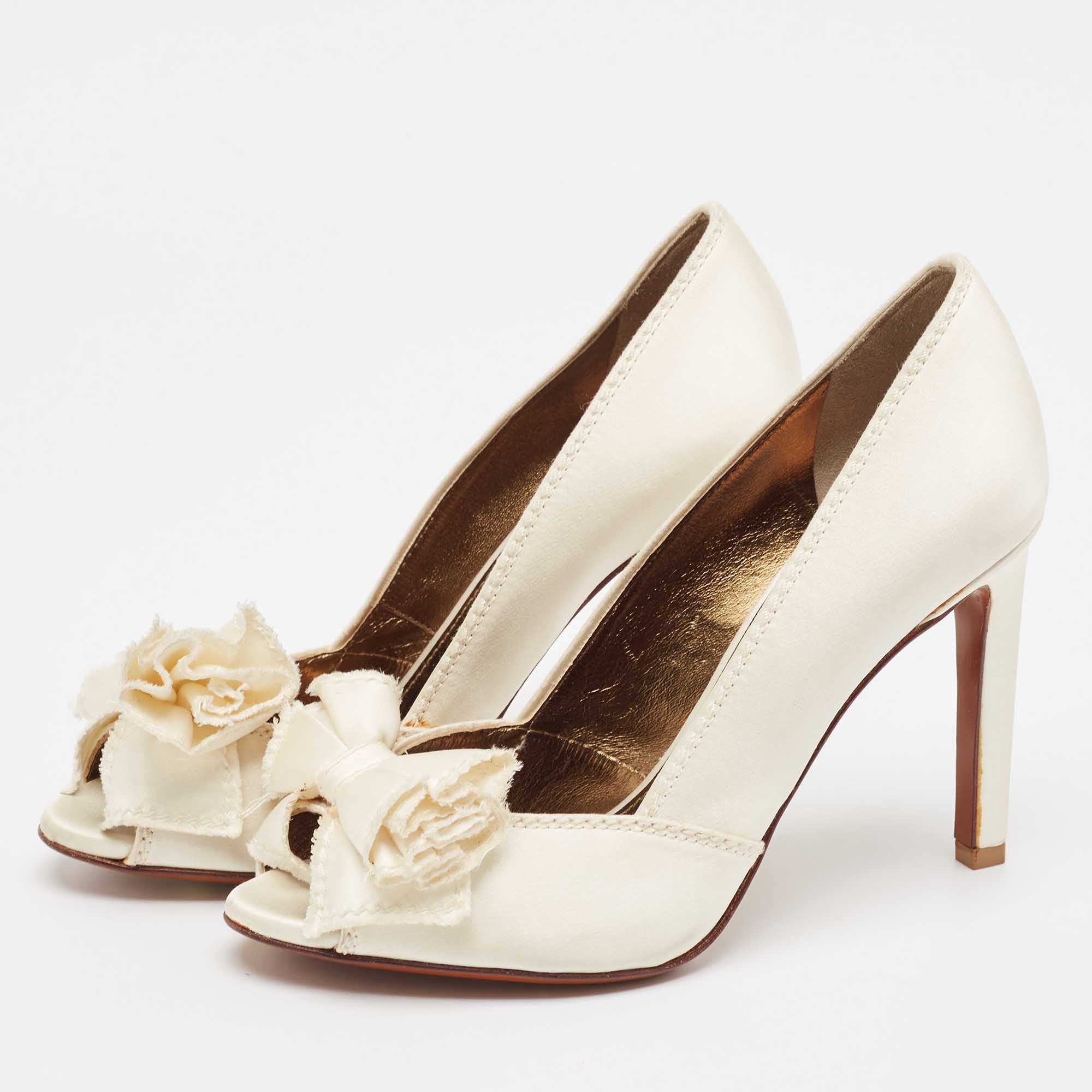 Lanvin White Satin Peep Toe Bow  Pumps Size 36.5