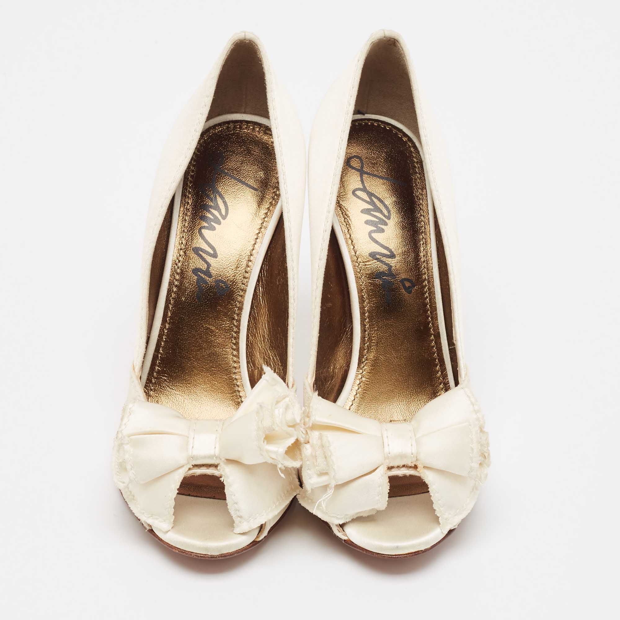 Lanvin White Satin Peep Toe Bow  Pumps Size 36.5