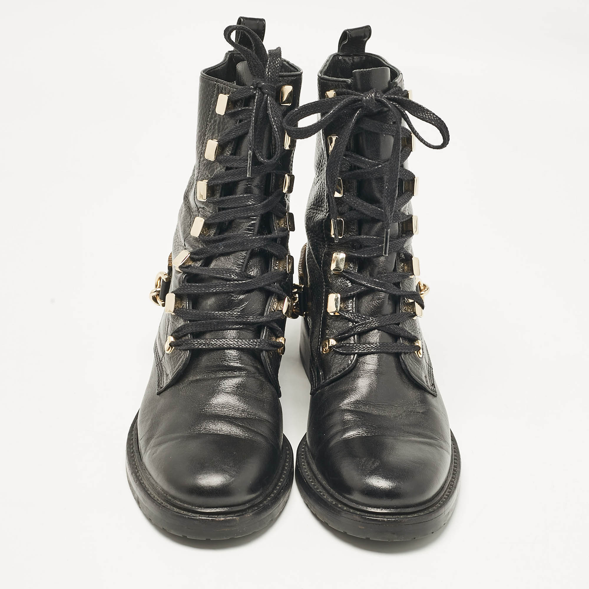 Lanvin Black Leather Chain Detail Lace Up Ankle Length Boots Size 40