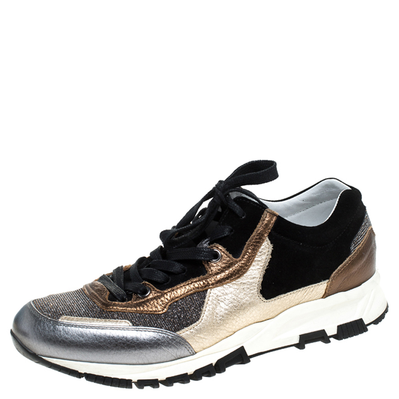 Image of Lanvin Multicolor Suede Leather And Glitter Fabric Low Top Lace Up Sneakers Size