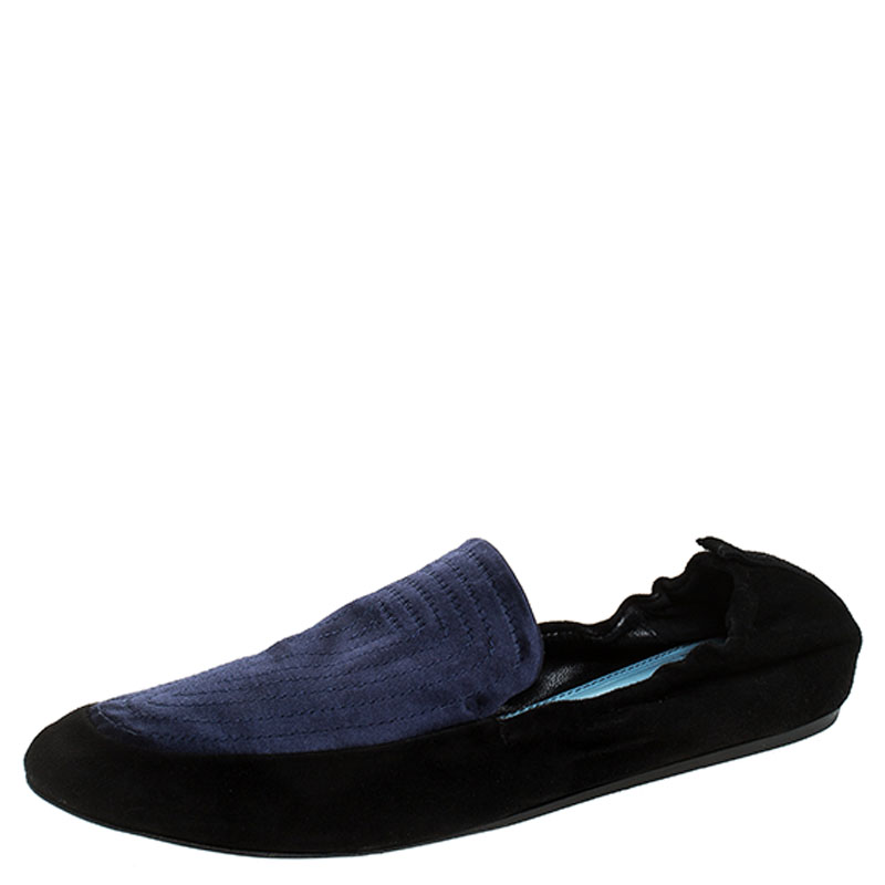 Image of Lanvin Black Suede Leather And Blue Satin Scrunch Loafers Size