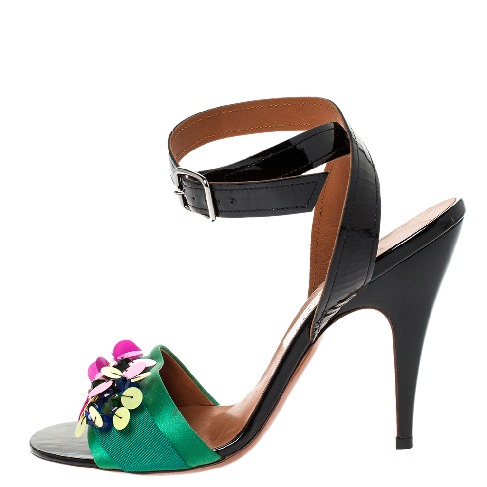 Image of Lanvin Multicolor Patent Leather and Satin Sequin Flower Embellished Sandals Size