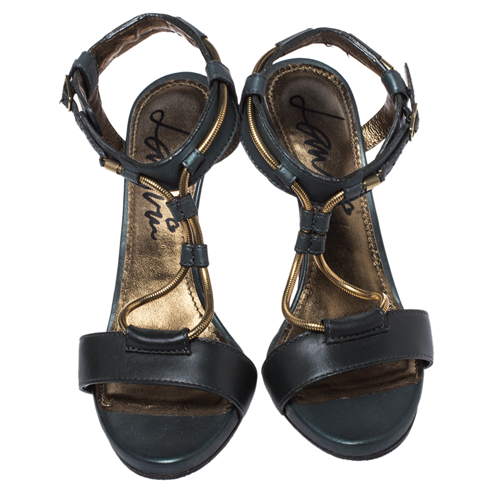 Lanvin Dark Green Leather And Elastic Metal String T-Strap Open Toe Sandals Size 35.5