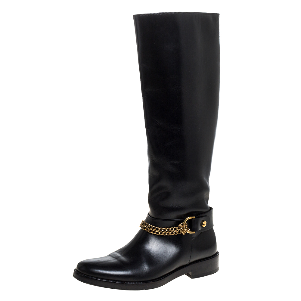 Image of Lanvin Black Leather Chain Embellished Knee High Boots Size .