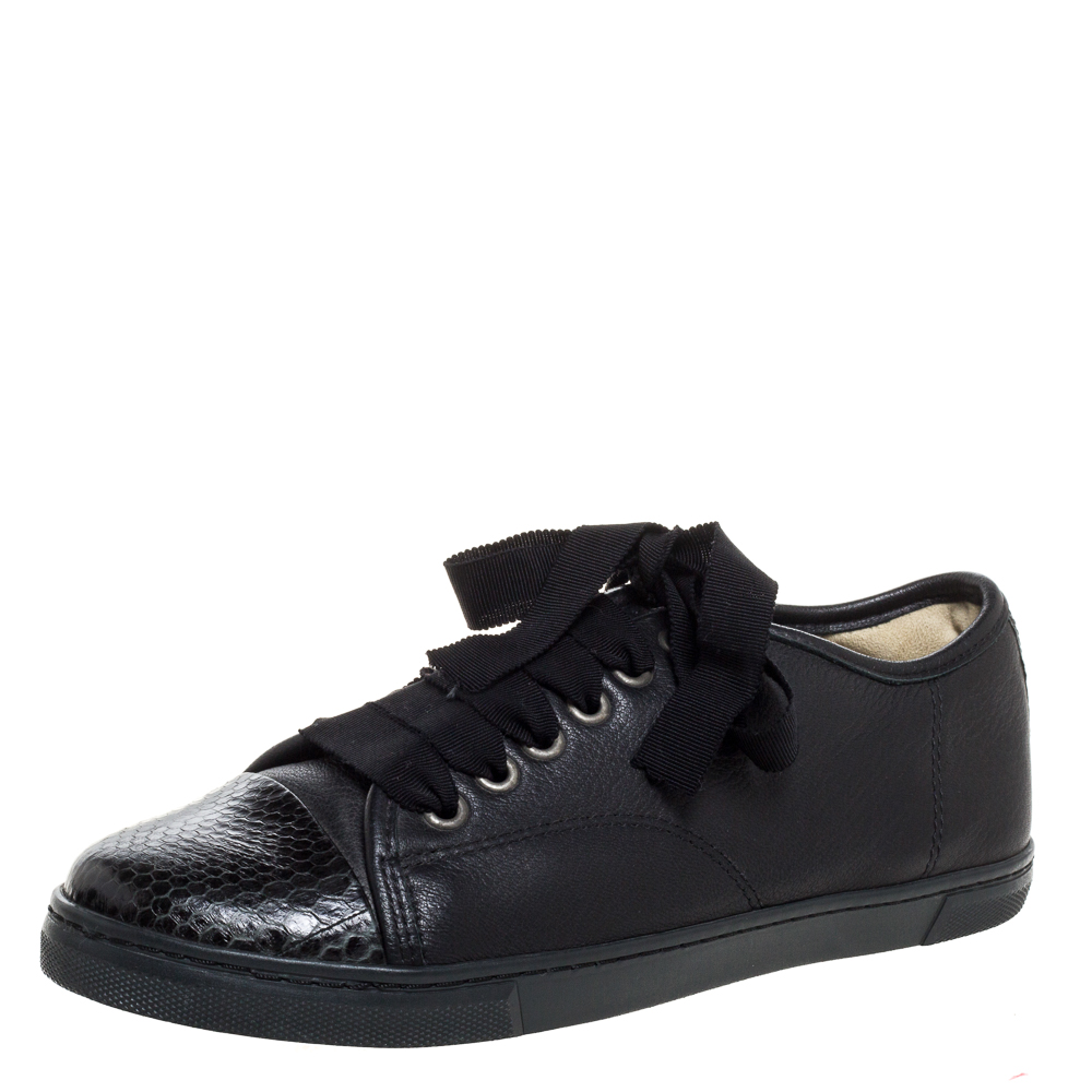 Image of Lanvin Black Leather Lace Up Low Top Sneakers Size