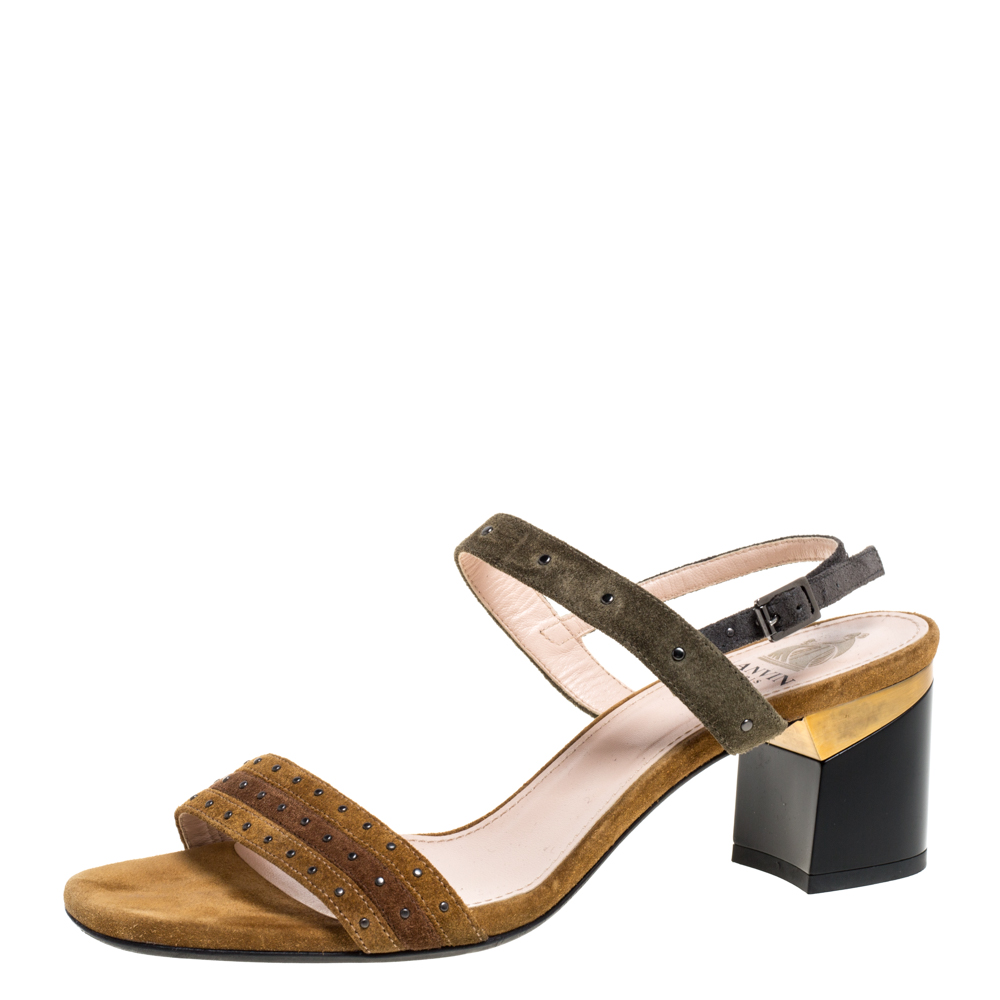 Image of Lanvin Brown/Grey Suede Studded Ankle Strap Sandals Size .