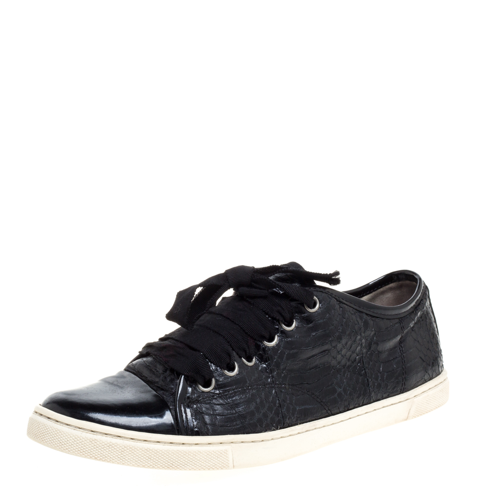 Image of Lanvin Black Python Embossed Leather and Patent Leather Lace Up Sneakers Size