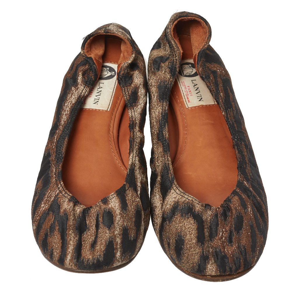 Lanvin Black/Brown Brocade Fabric Leopard Print Ballet Flats Size 39