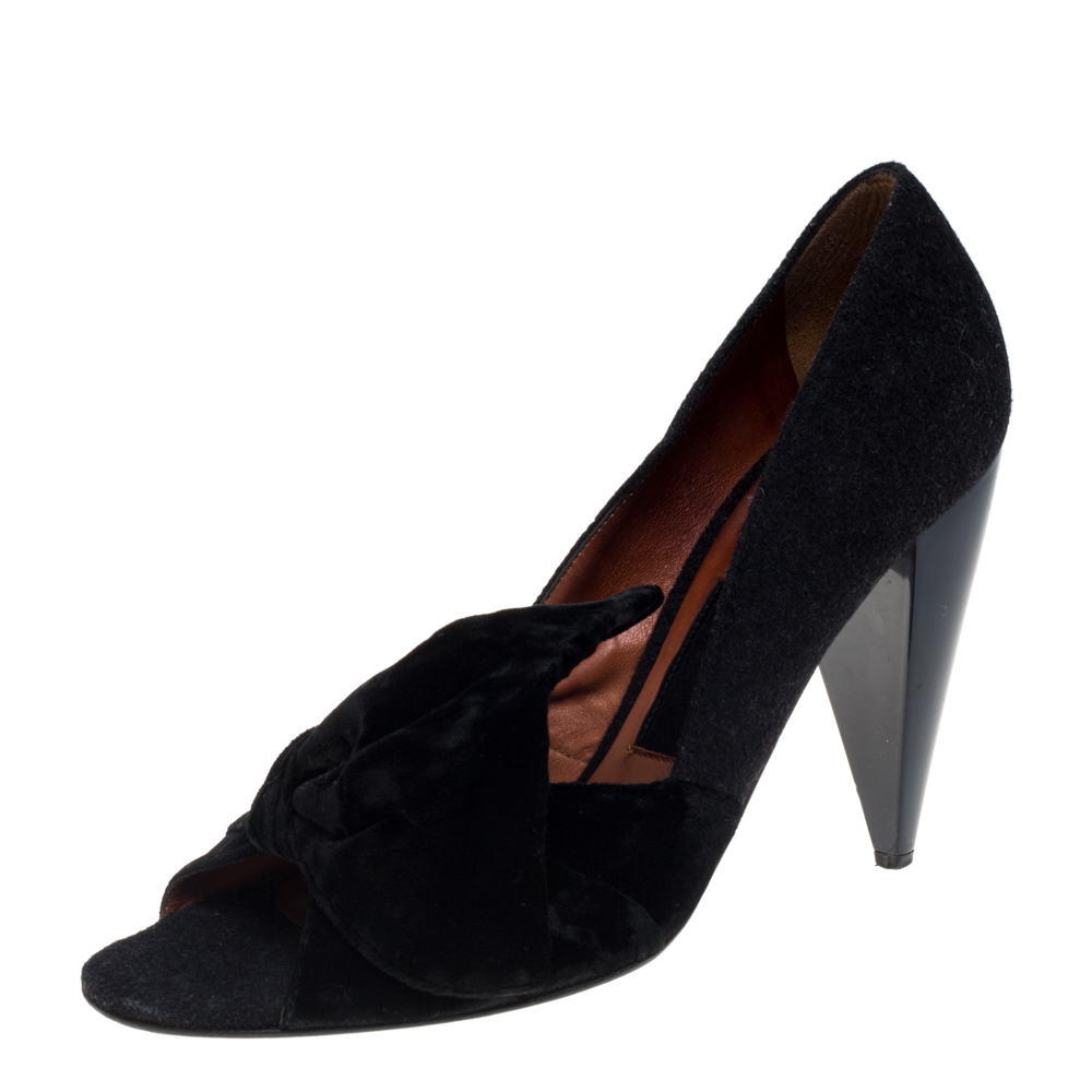 Lanvin black felt and velvet bow embellished open toe pumps size 40