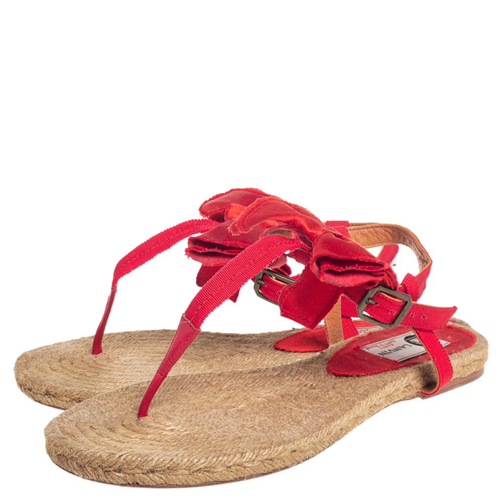 Lanvin Red Leather And Satin Bow Espadrille Thong Flat Sandals Size 39