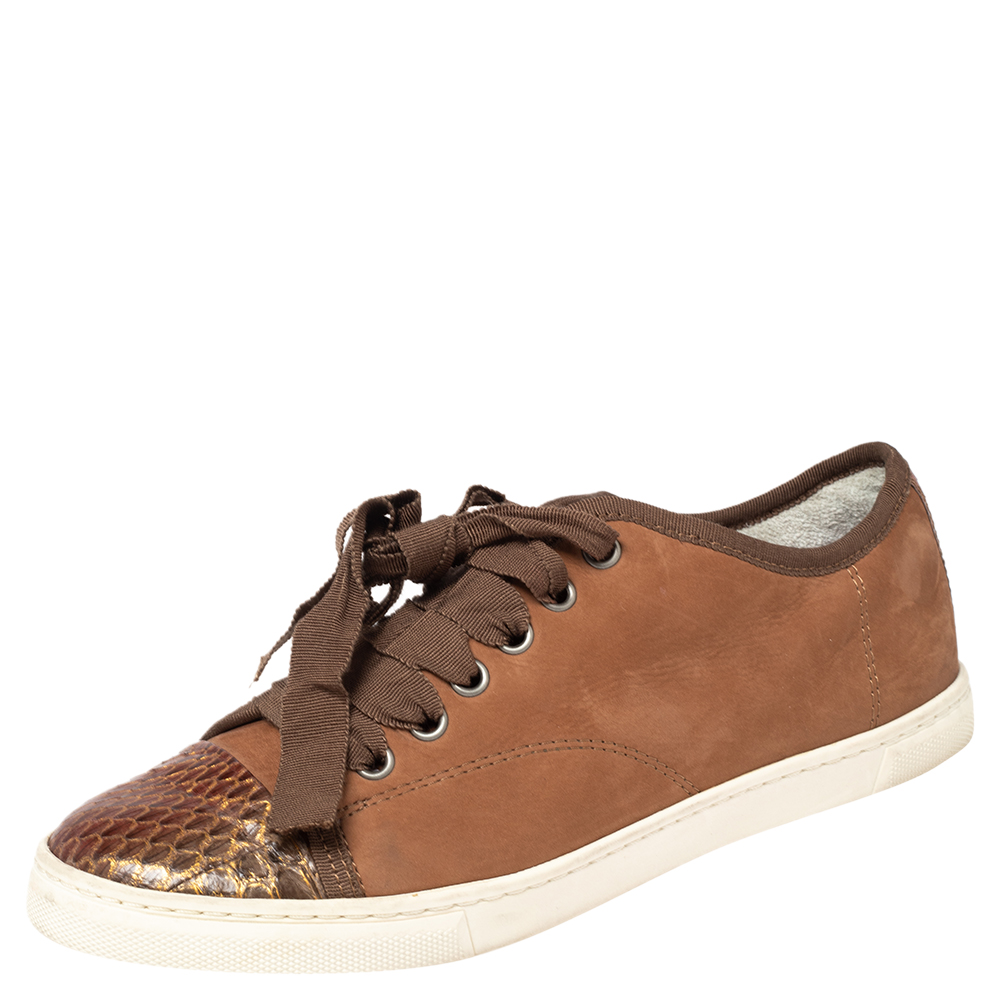 Lanvin Brown Nubuck Leather And Glitter Python Cap Toe Sneakers Size 37