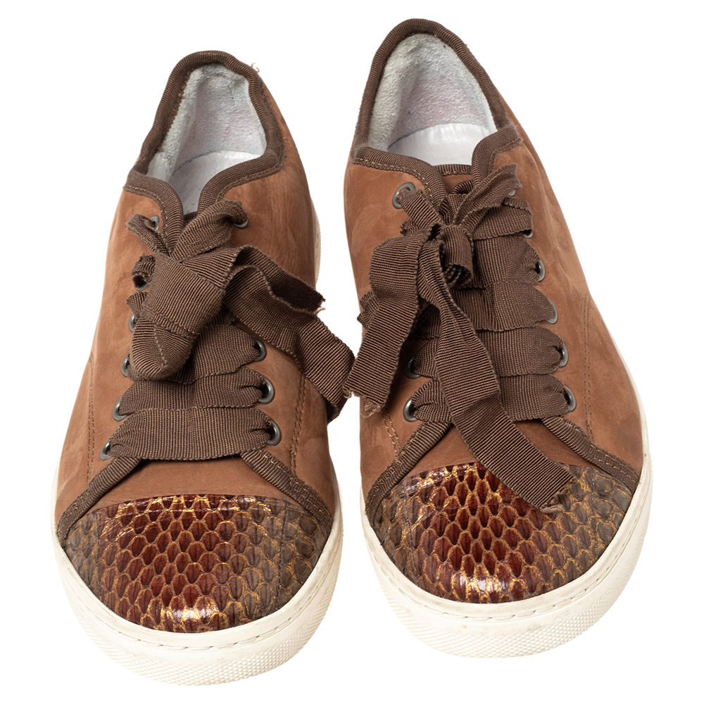 Lanvin Brown Nubuck Leather And Glitter Python Cap Toe Sneakers Size 37