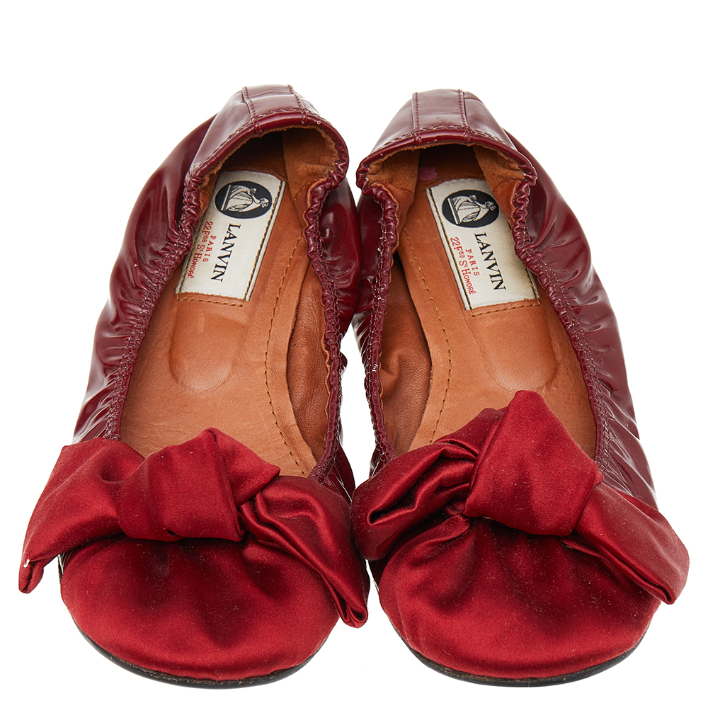 Lanvin Red Satin And Leather Bow Scrunch Ballet Flats Size 38