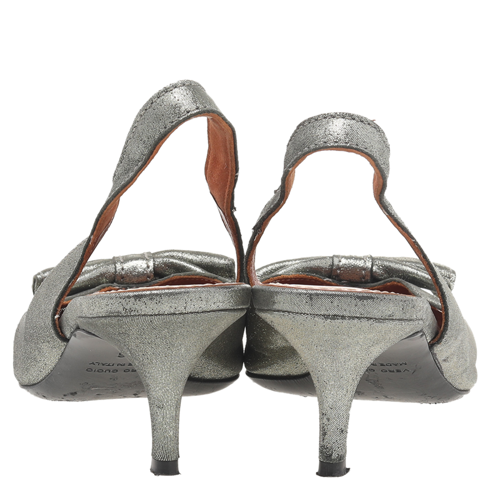 Lanvin Metallic Grey Fabric Bow Sandals Size 36