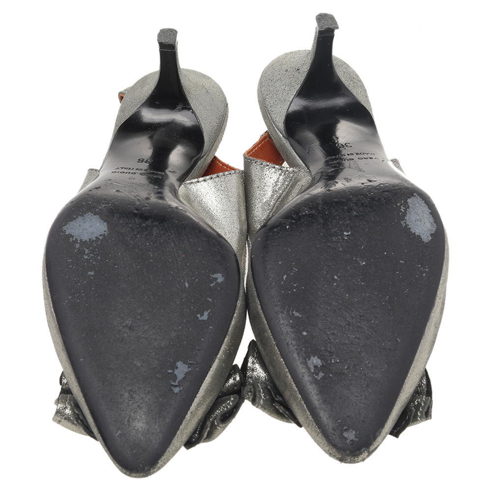 Lanvin Metallic Grey Fabric Bow Sandals Size 36