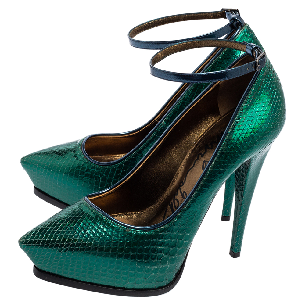 Lanvin Green/Blue Snakeskin Leather Pointed-Toe Ankle-Strap Pumps Size 38