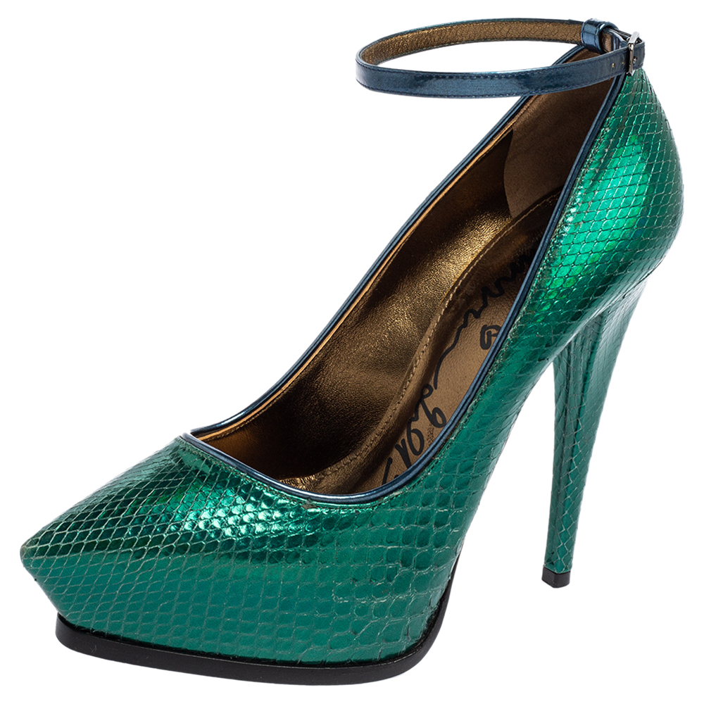 Lanvin green/blue snakeskin leather pointed-toe ankle-strap pumps size 38