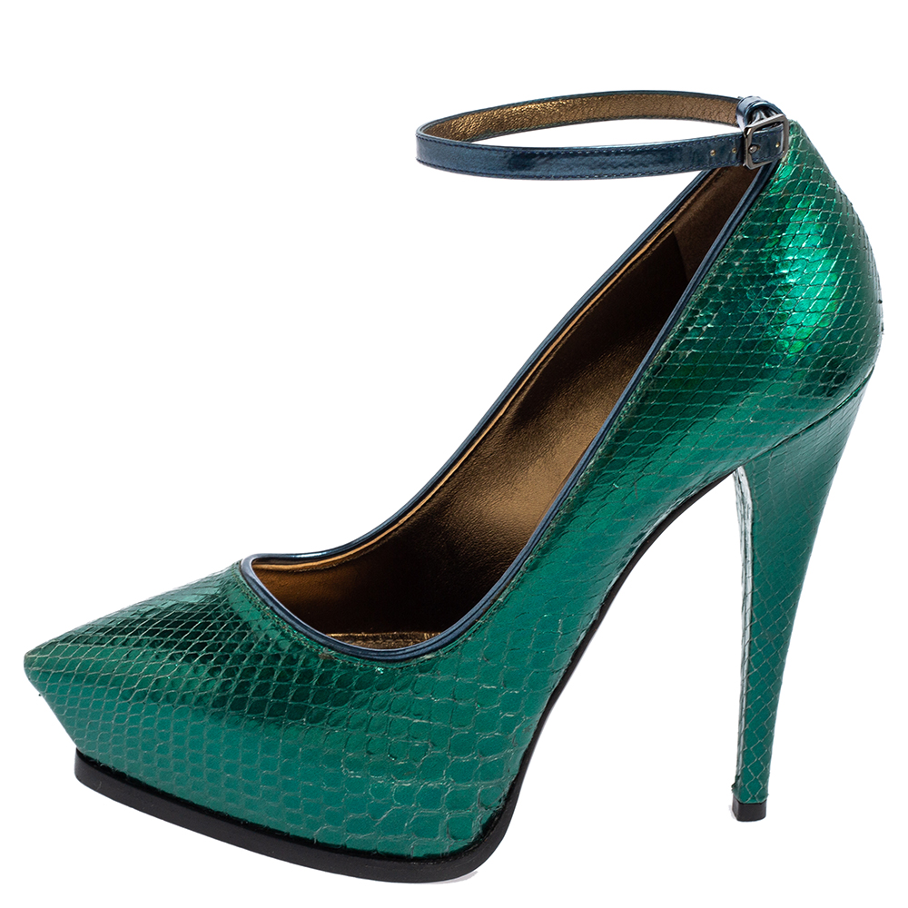 Lanvin Green/Blue Snakeskin Leather Pointed-Toe Ankle-Strap Pumps Size 38