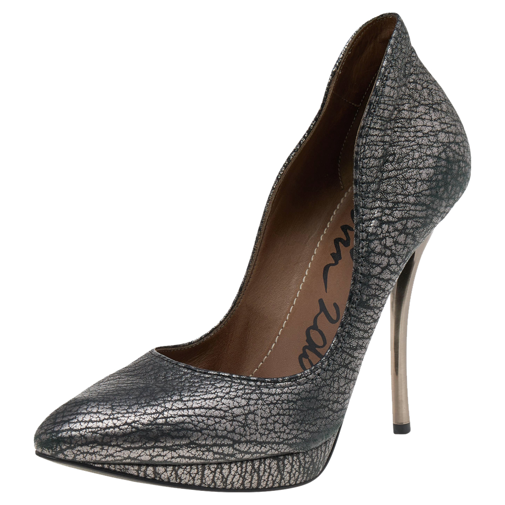 Lanvin metallic silver leather pointed toe platform pumps size 37