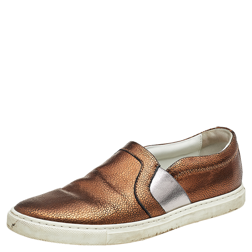 Lanvin metallic bronze texture leather slip on sneakers size 38