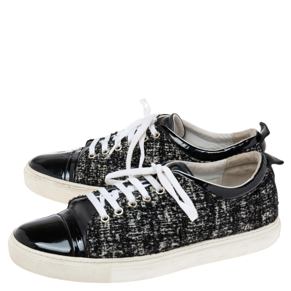 Lanvin Black  Patent Leather And Tweed  Lace Up Sneakers Size 40