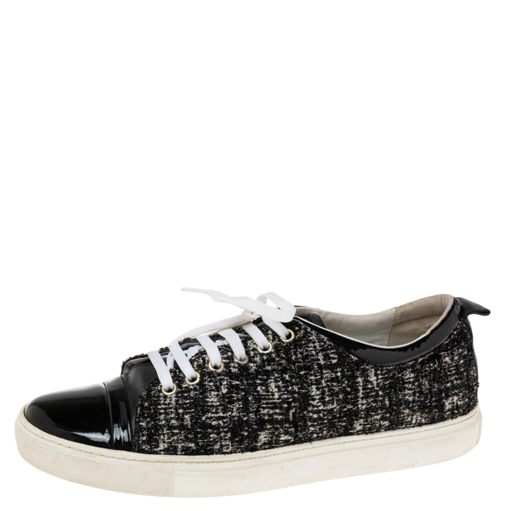 Lanvin Black  Patent Leather And Tweed  Lace Up Sneakers Size 40