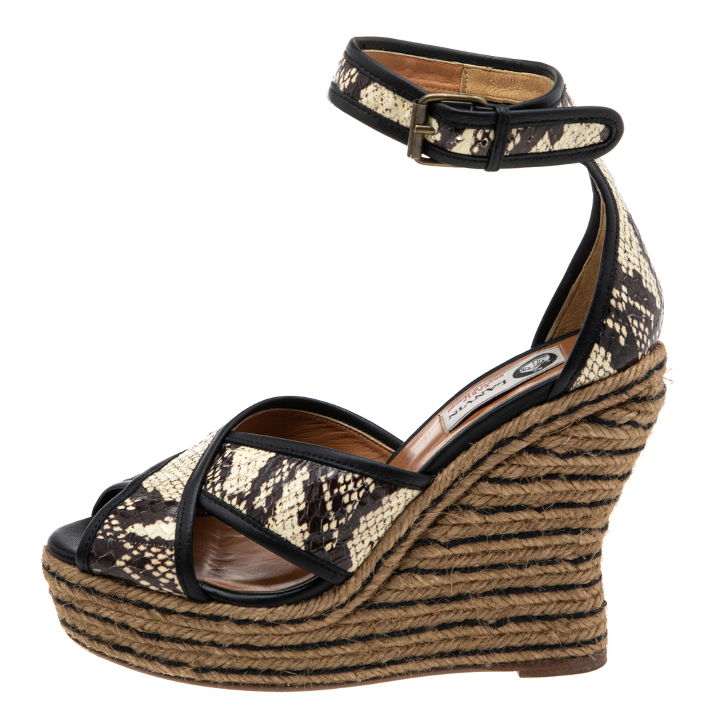 Lanvin Beige/Brown Python Embossed Leather Platform Wedge Sandals Size 37