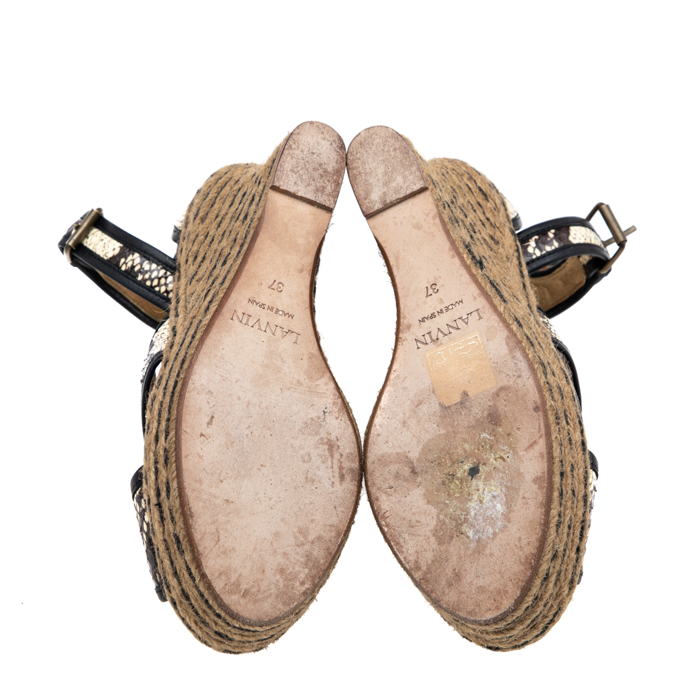 Lanvin Beige/Brown Python Embossed Leather Platform Wedge Sandals Size 37