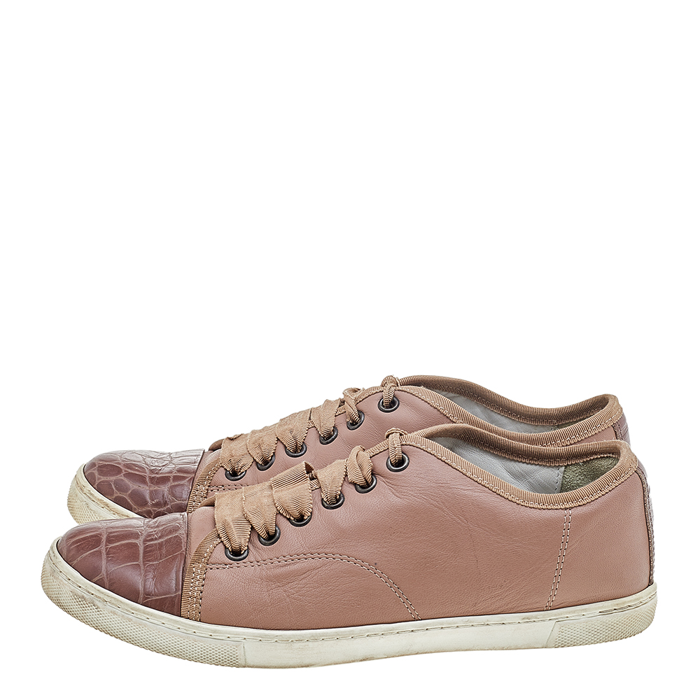 Lanvin Pink Croc Embossed And Leather Low Top Sneakers Size 37