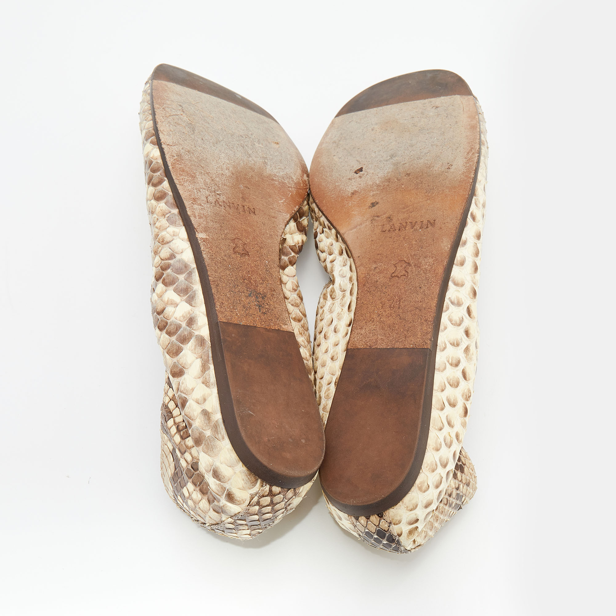 Lanvin Beige/Brown Python Leather Scrunch Ballet Flats Size 41