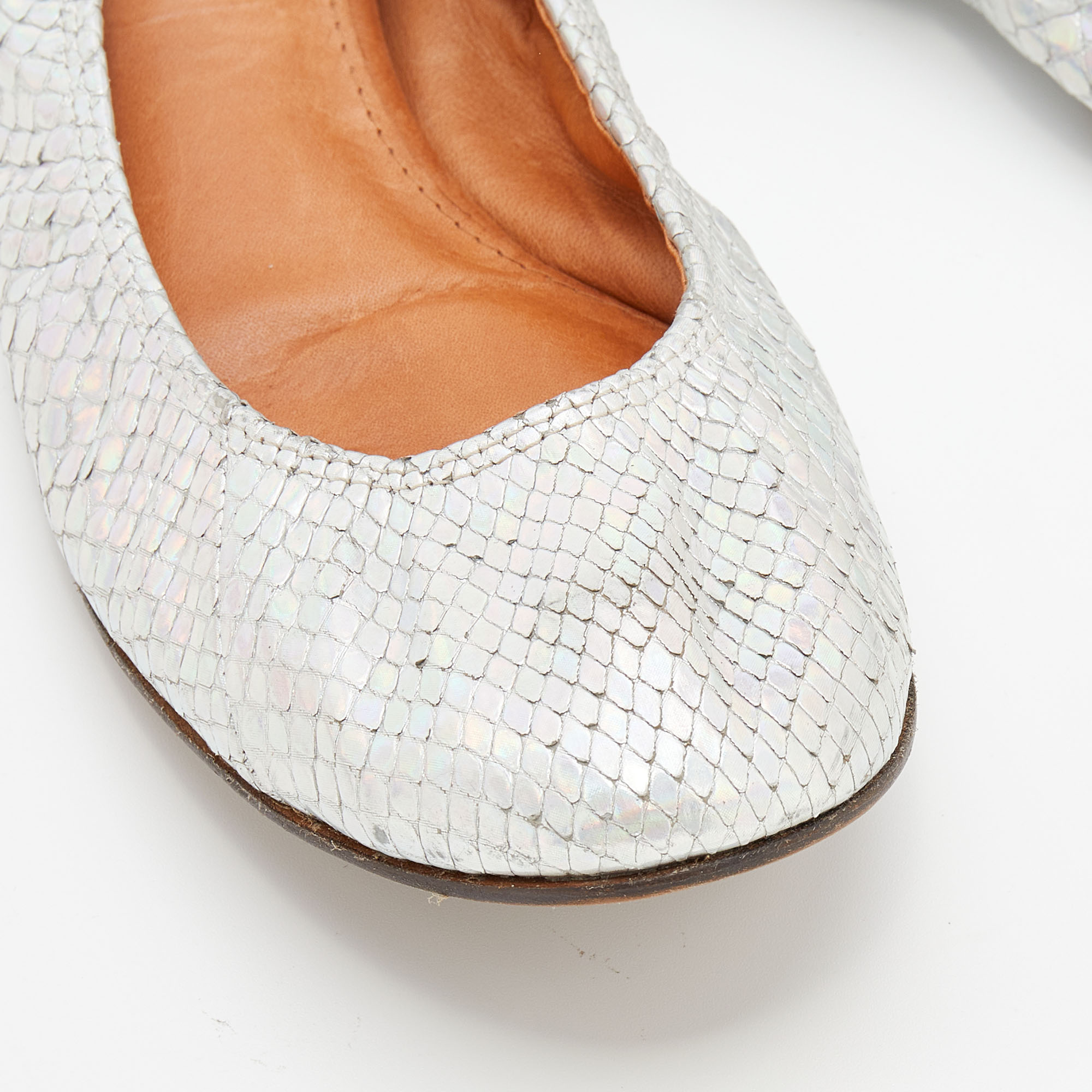 Lanvin Silver Snakeskin Embossed Leather Ballet Flats Size 38