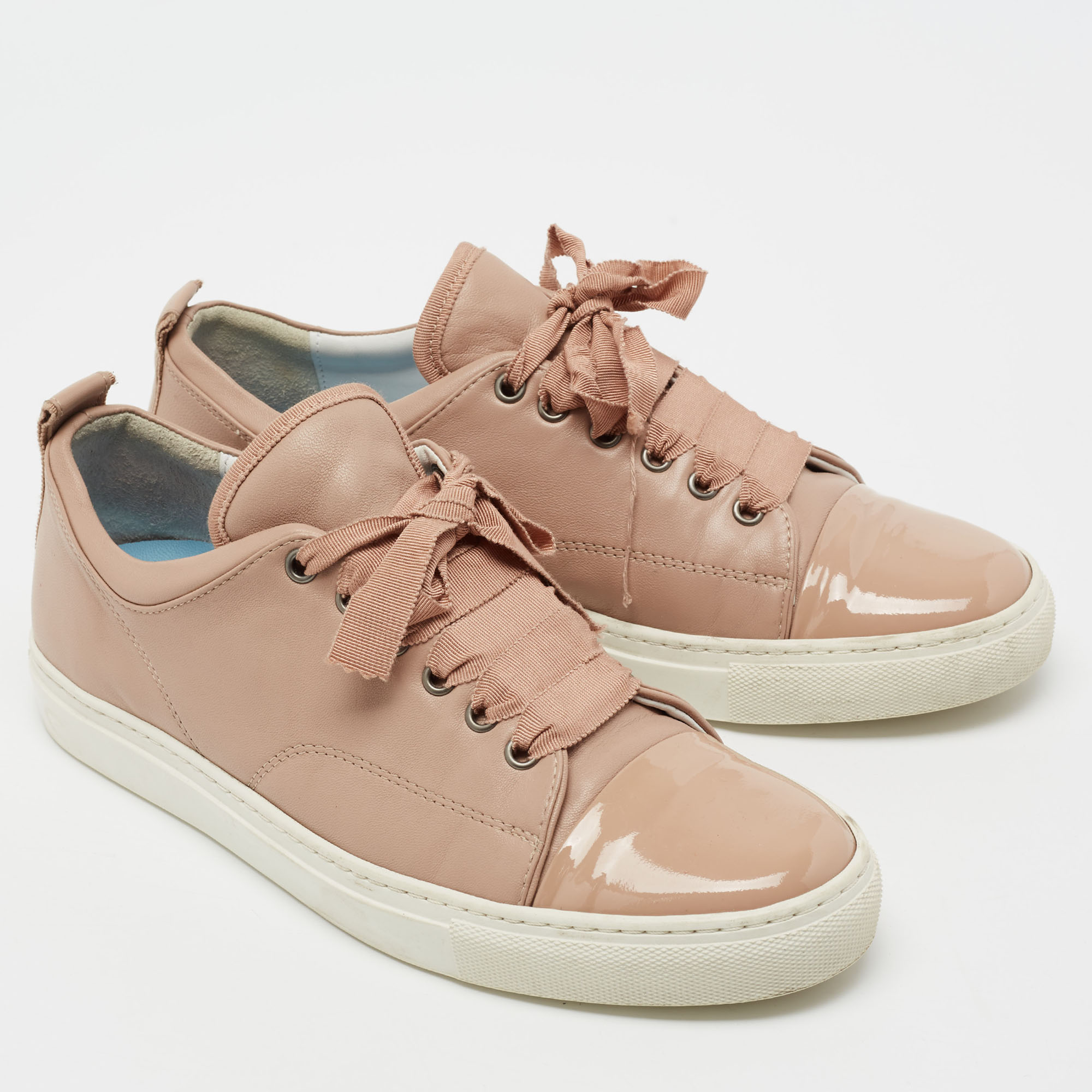 Lanvin Dusty Pink Leather And Patent Cap Toe Low-Top Sneakers Size 40