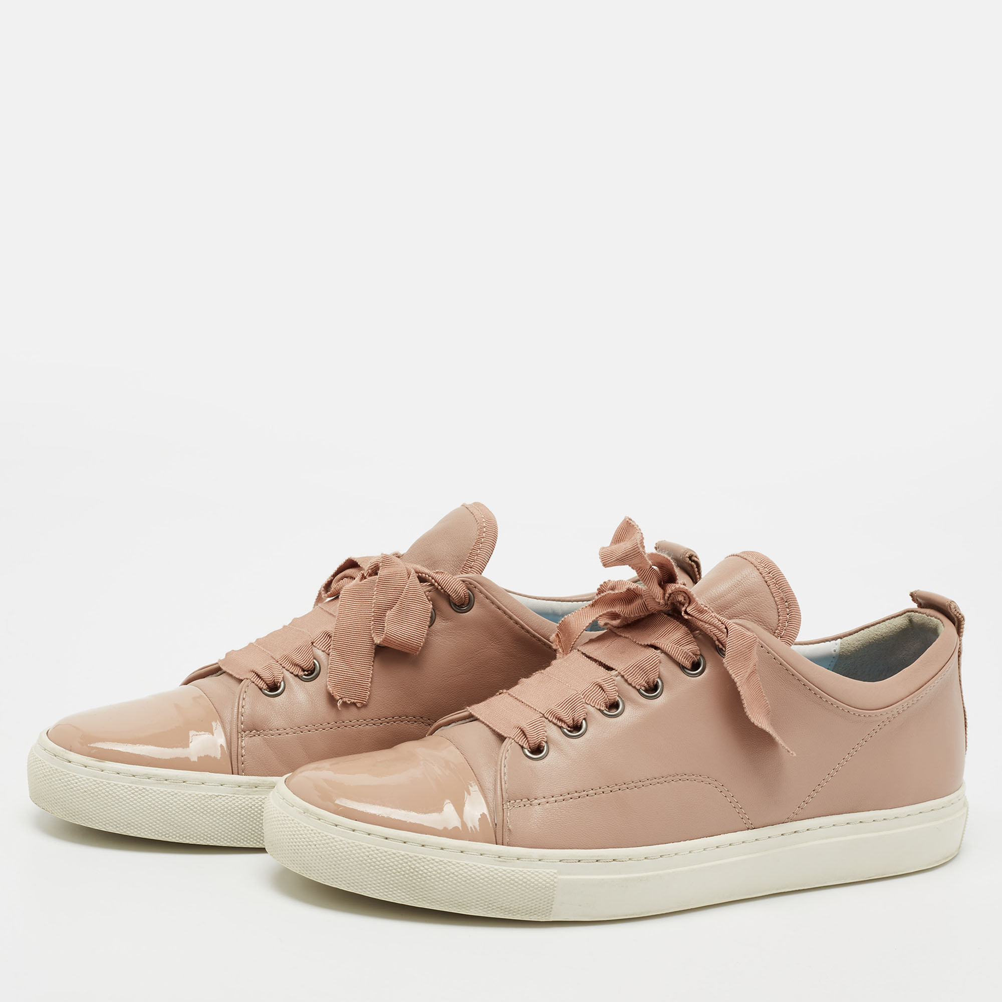 Lanvin Dusty Pink Leather And Patent Cap Toe Low-Top Sneakers Size 40