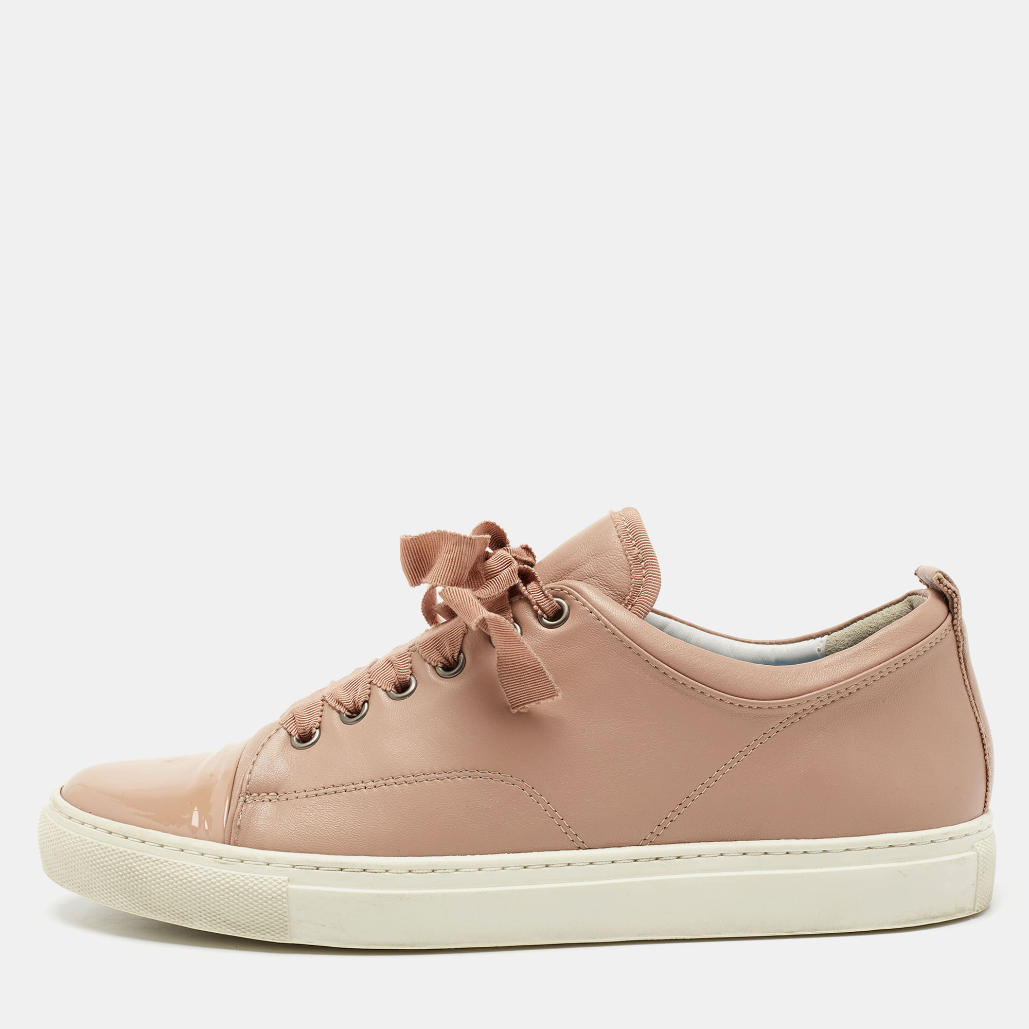 Lanvin dusty pink leather and patent cap toe low-top sneakers size 40