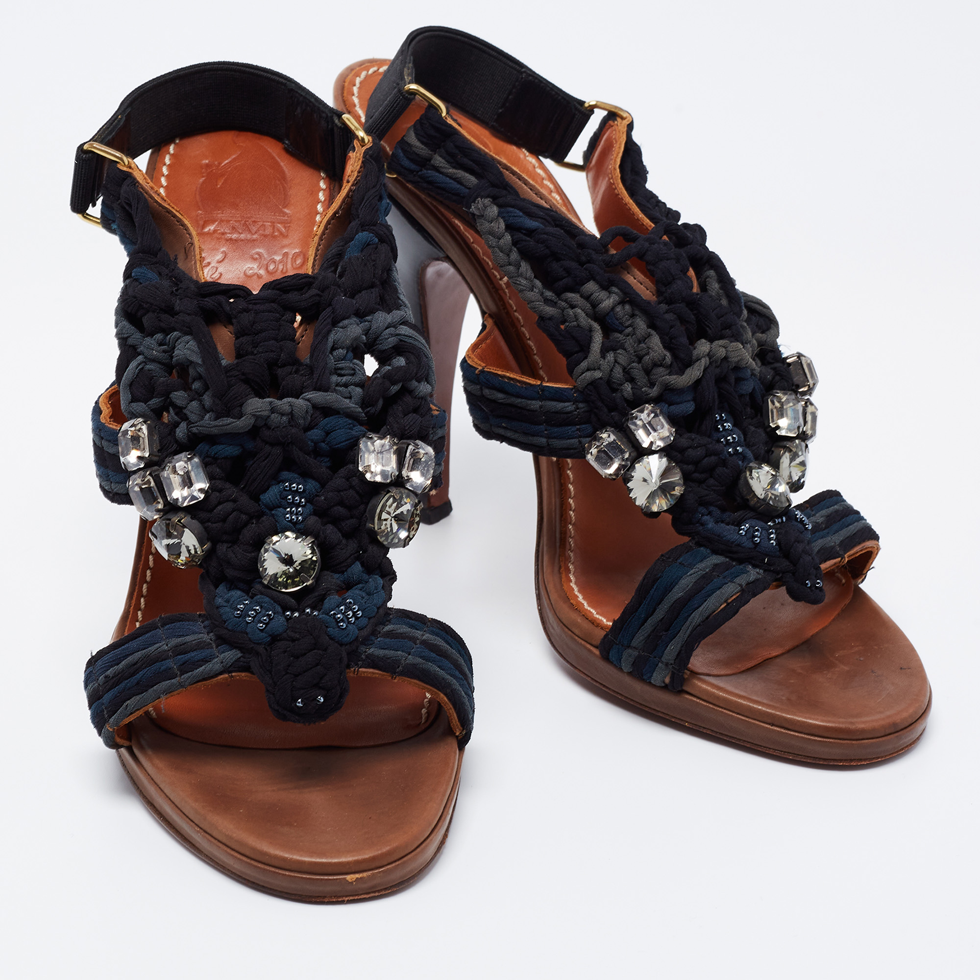 Lanvin Navy Blue Crystal Embellished Braided Fabric Slingback Sandals Size 39.5