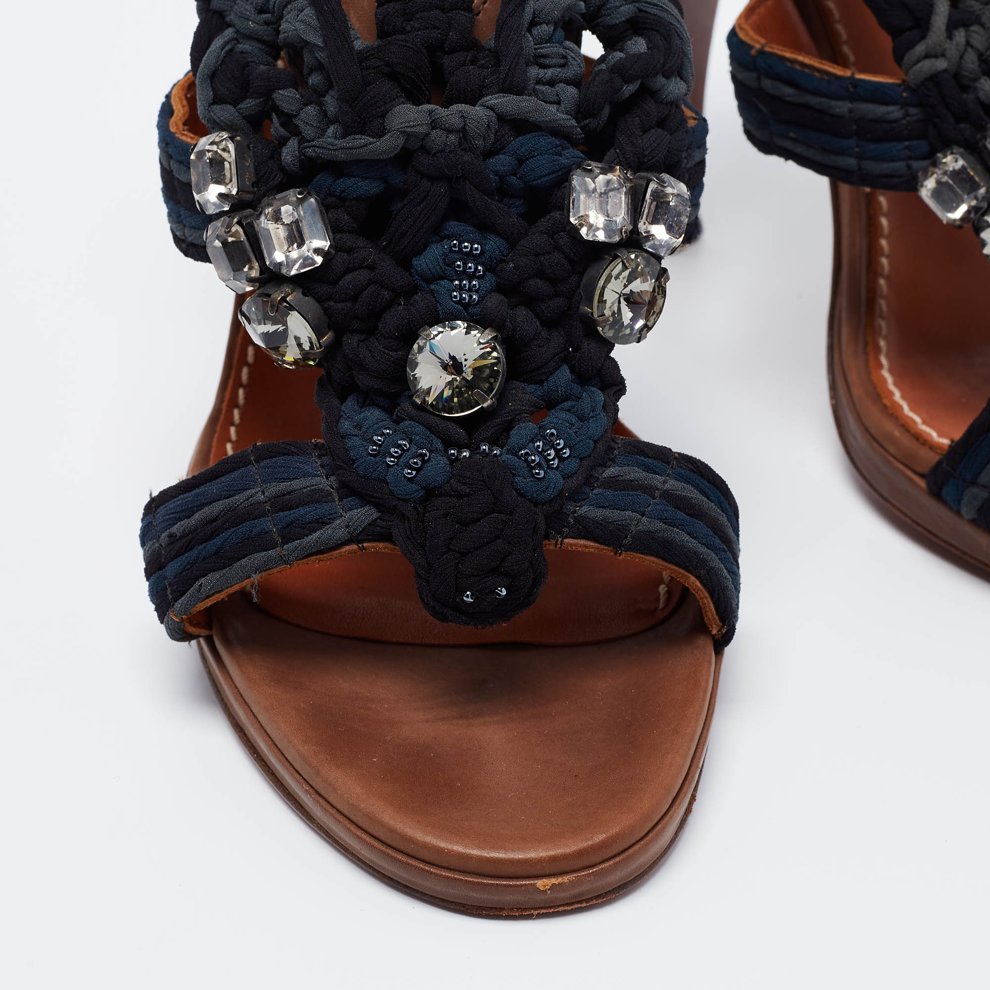 Lanvin Navy Blue Crystal Embellished Braided Fabric Slingback Sandals Size 39.5
