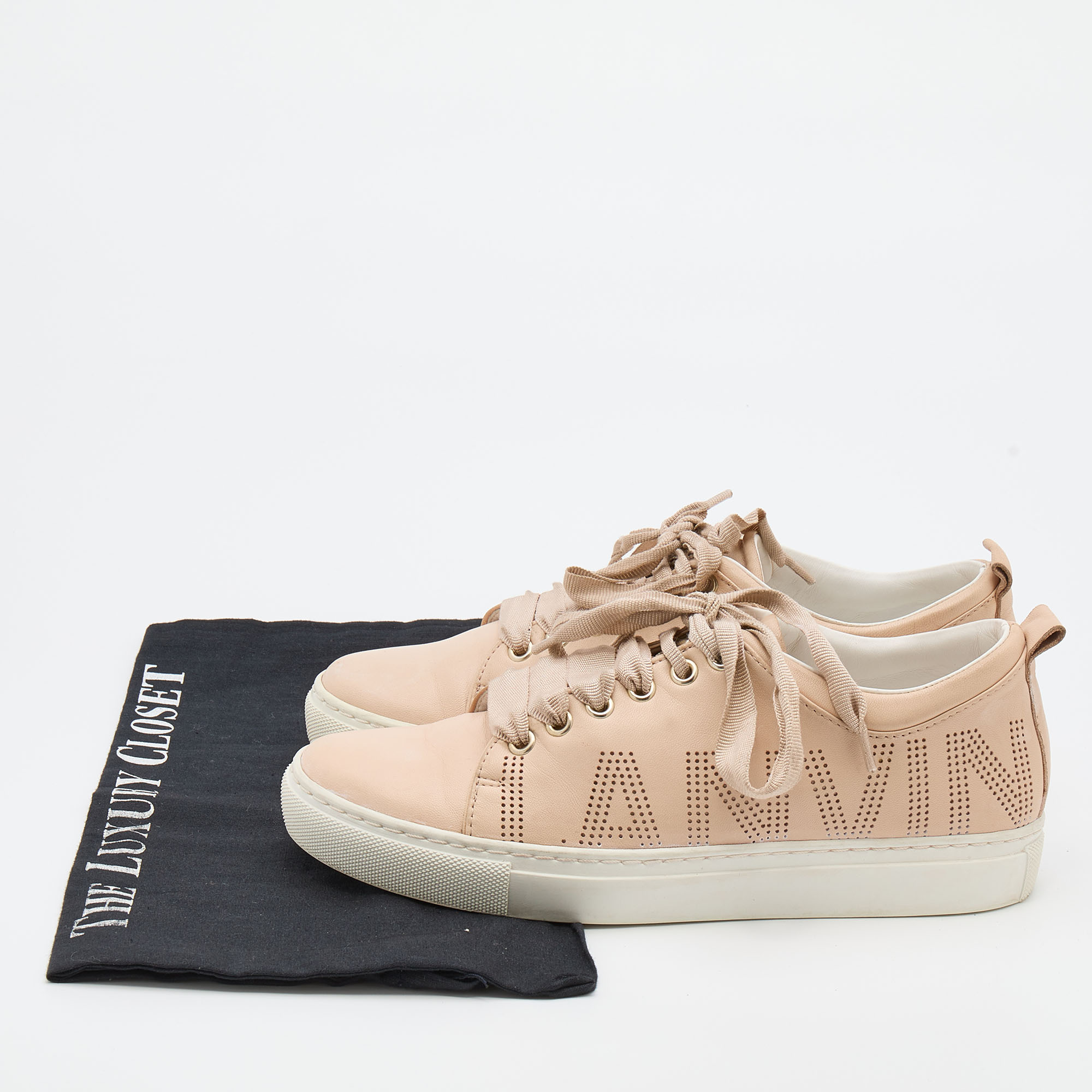 Lanvin Beige Leather Perforated Logo Low Top Sneakers Size 37