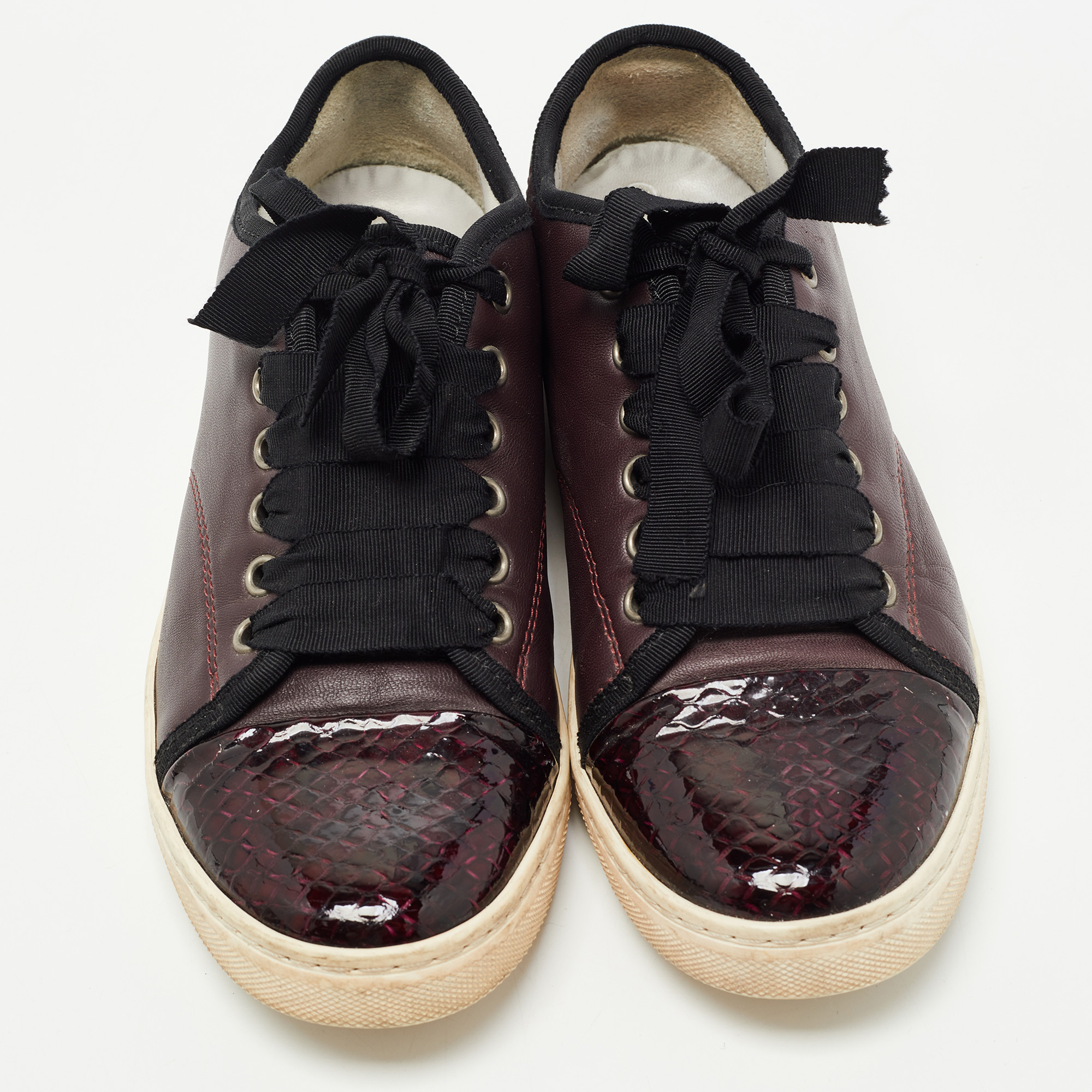 Lanvin Burgundy Leather And Embossed Python Cap Toe Low Top Sneakers Size 37