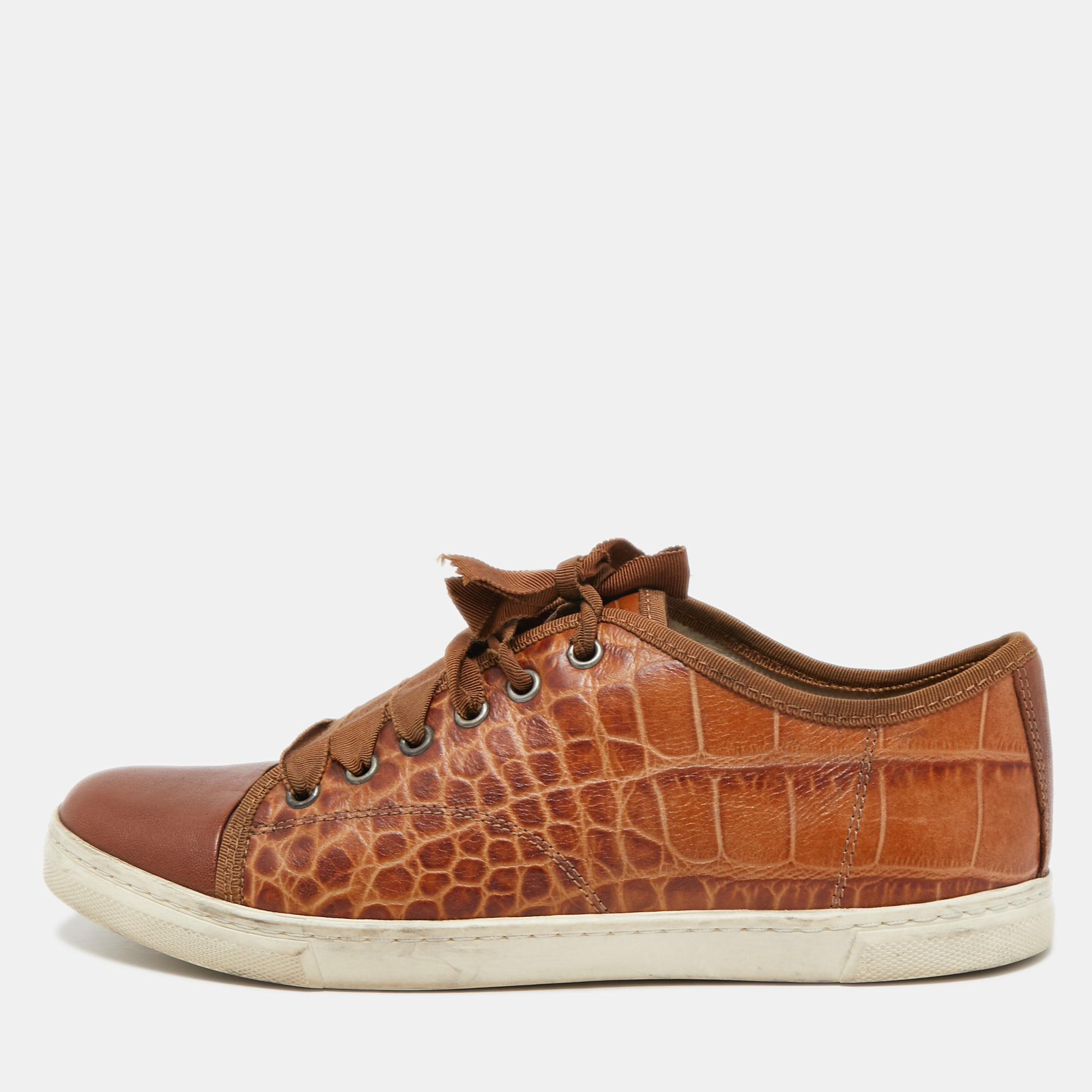 Lanvin Brown Embossed Croc And Leather Low Top Sneakers Size 39