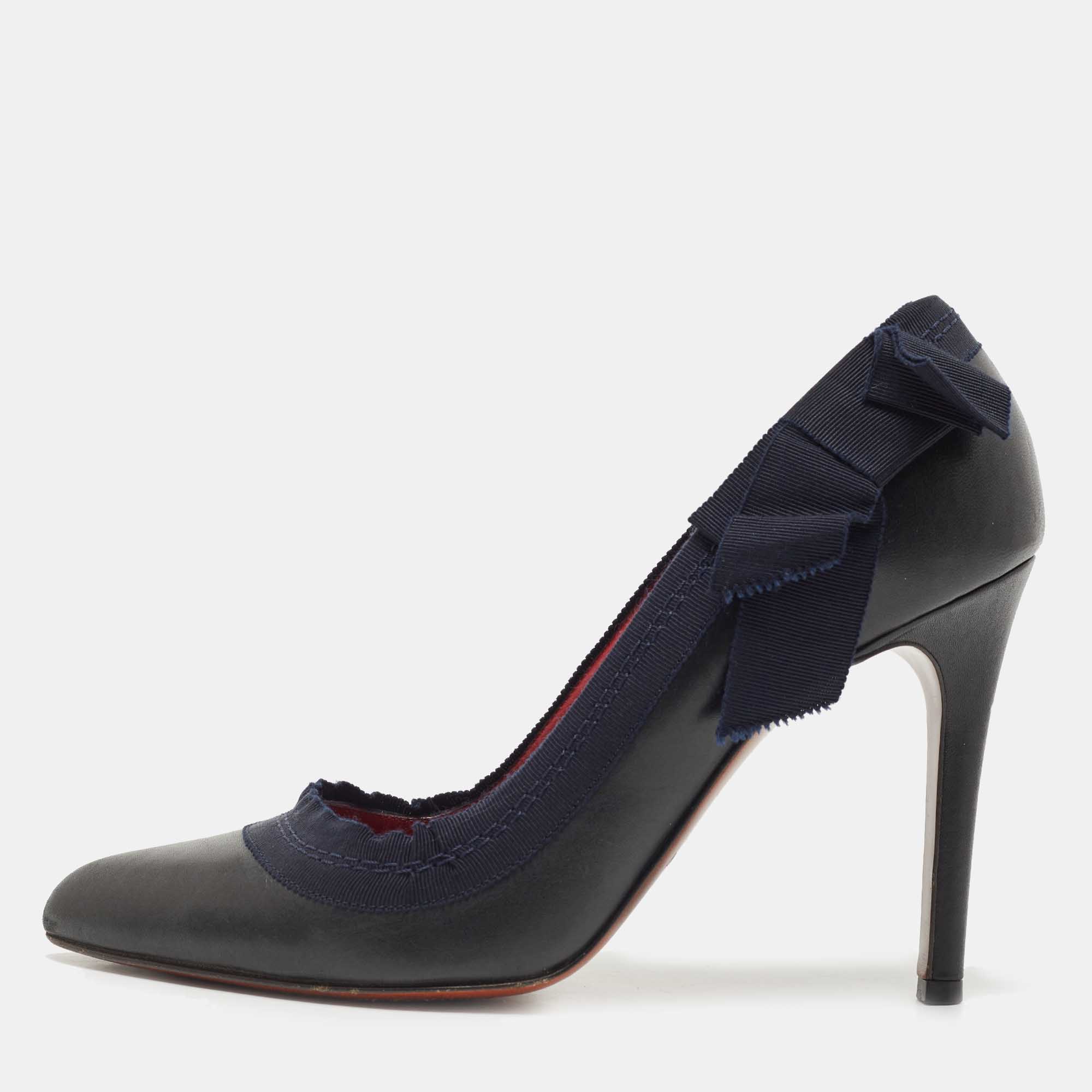 Lanvin Black/Navy Blue Leather And Ribbon Bow Pumps Size 38